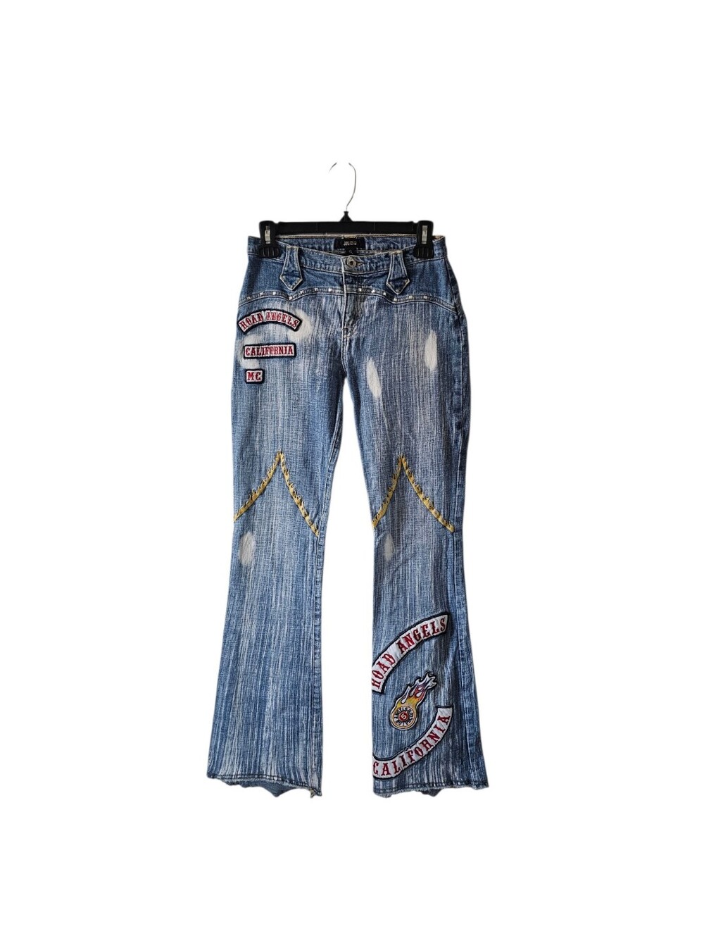 JNCO Road Angels Jeans Vintage Size 9 Flare Embroidered Biker Made USA Low Rise